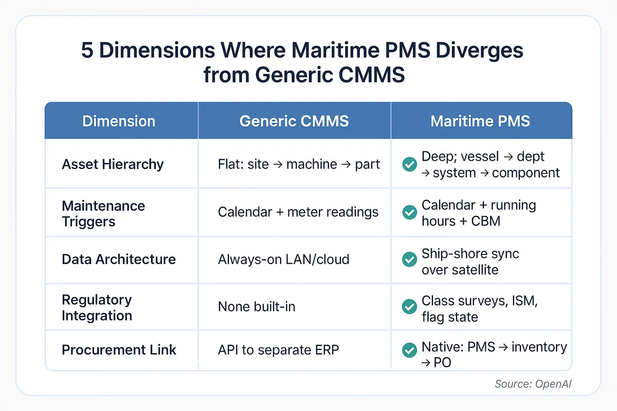 Table comparing generic CMMS and maritime PMS across five dimensions: asset hierarchy, maintenance triggers, data architecture, regulatory integration, and procurement coupling