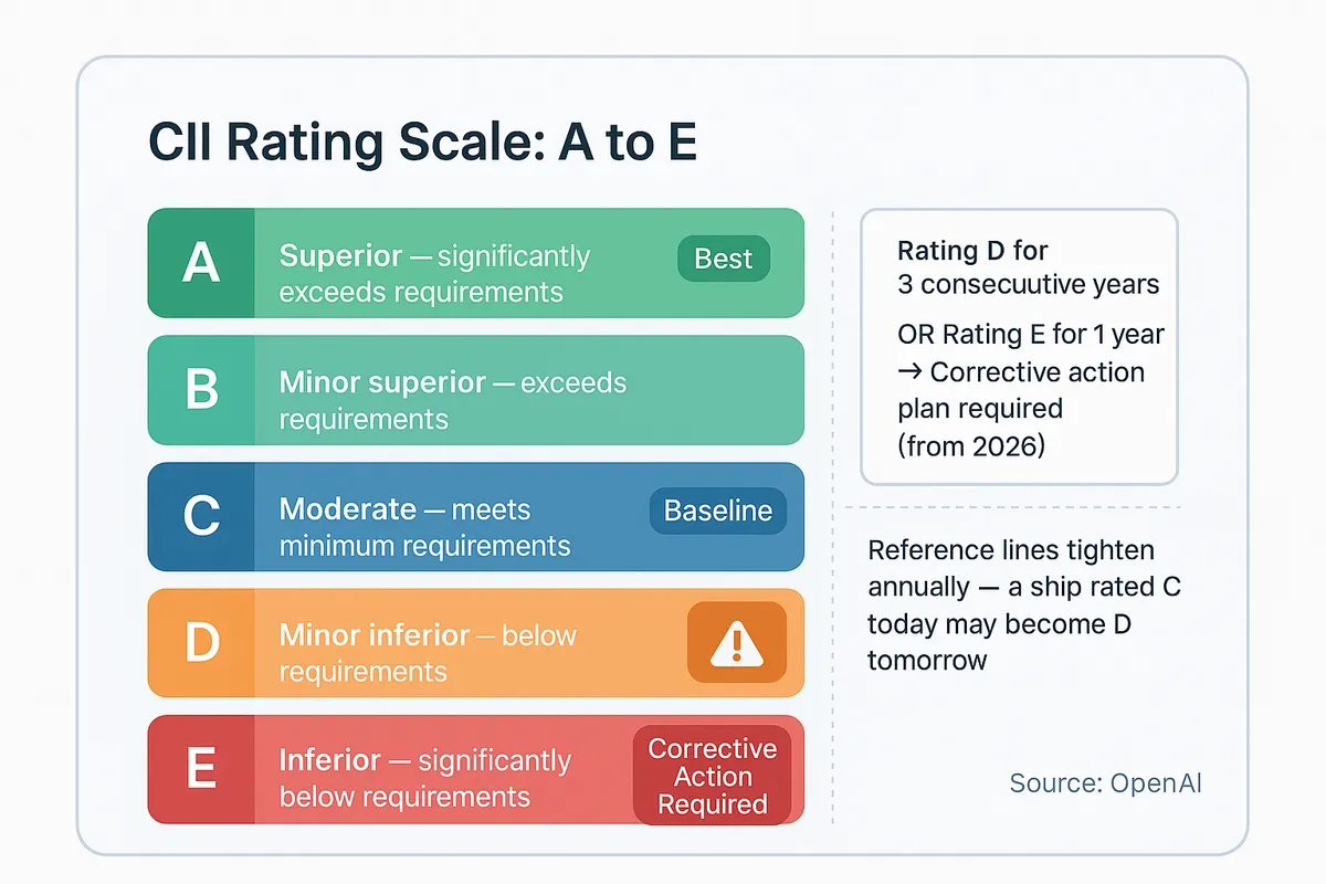 CII rating scale from A (superior, green) to E (inferior, red), showing that ships rated D for three consecutive years or E for one year must submit a corrective action plan starting from 2026.