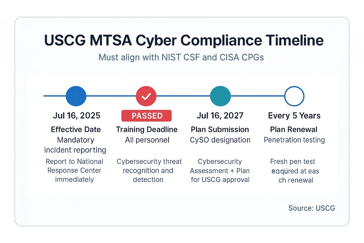 Timeline showing four USCG MTSA cybersecurity deadlines: July 2025 effective date for incident reporting, January 2026 training deadline which has already passed, July 2027 plan submission and cybersecurity officer designation, and five-year renewal cycle with penetration testing.