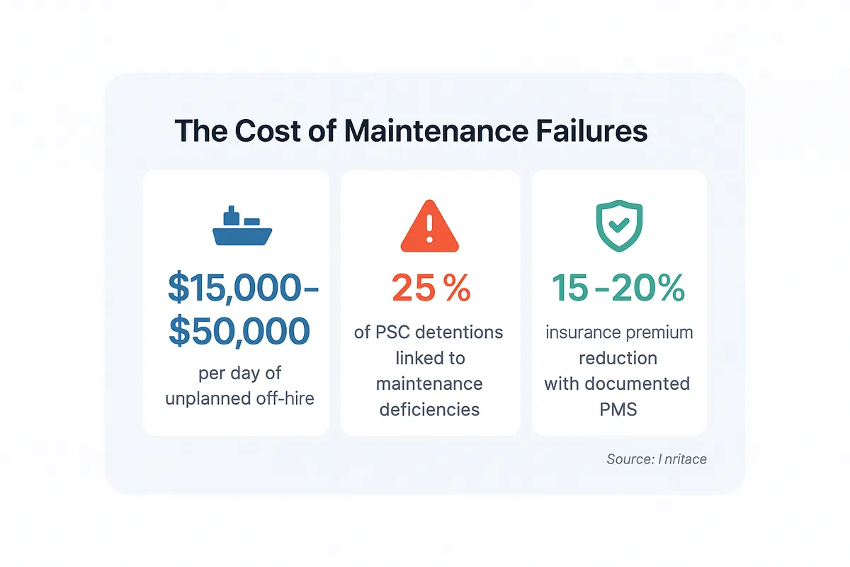Three stat callouts showing the cost impact of maintenance: 15,000 to 50,000 dollars per day of unplanned off-hire, 25 percent of port state control detentions linked to maintenance deficiencies, and 15 to 20 percent insurance premium reduction with documented planned maintenance.