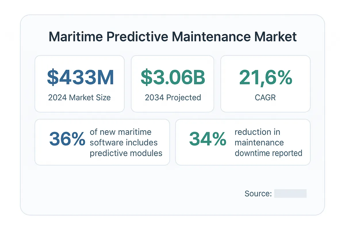 Maritime predictive maintenance market statistics showing growth from $433 million in 2024 to $3.06 billion projected by 2034 at 21.6% CAGR