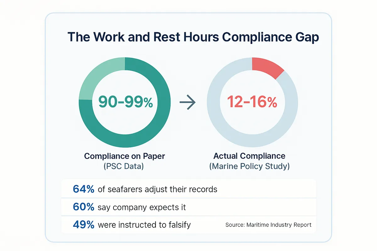 Comparison showing the gap between reported work-rest-hours compliance (90-99% on paper) and actual compliance (12-16% per a three-year Marine Policy study), with 64% of seafarers reporting they adjust their records.