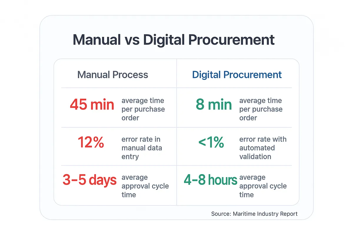Comparison of manual versus digital procurement showing time per purchase order reduced from 45 minutes to 8 minutes, error rates from 12 percent to under 1 percent, and approval time from 3 to 5 days to 4 to 8 hours.