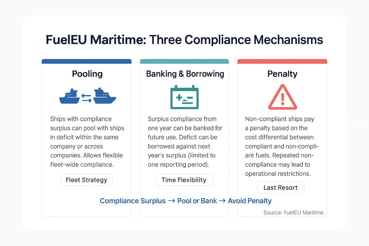 Three FuelEU Maritime compliance mechanisms: pooling surplus between ships, banking and borrowing compliance across years, and penalties for non-compliance based on fuel cost differential.