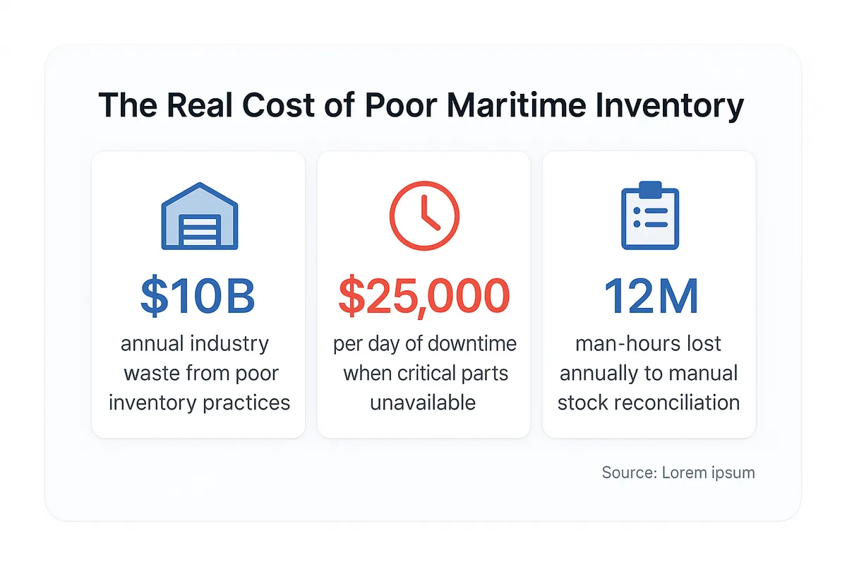 Three stat callouts showing inventory management costs: 10 billion dollars annual industry waste, 25,000 dollars per day of downtime from missing parts, and 12 million man-hours lost to manual reconciliation.