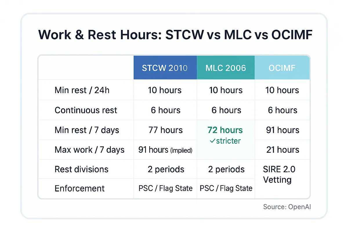 Comparison table of STCW 2010, MLC 2006, and OCIMF work and rest hour requirements showing that MLC 2006 has the strictest weekly work limit at 72 hours versus 91 hours implied under STCW.