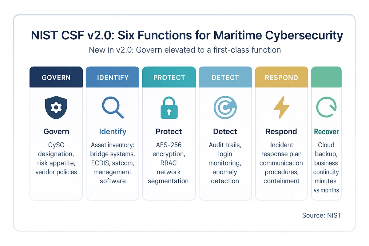 Six-column framework diagram showing NIST Cybersecurity Framework version 2.0 functions applied to maritime: Govern with CySO designation, Identify with asset inventories, Protect with encryption and access control, Detect with audit trails, Respond with incident plans, and Recover with cloud backup.