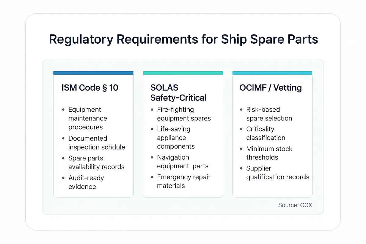 Three-column regulatory framework showing ISM Code Section 10 maintenance requirements, SOLAS safety-critical spare parts, and OCIMF vetting risk-based approach to spare parts management.