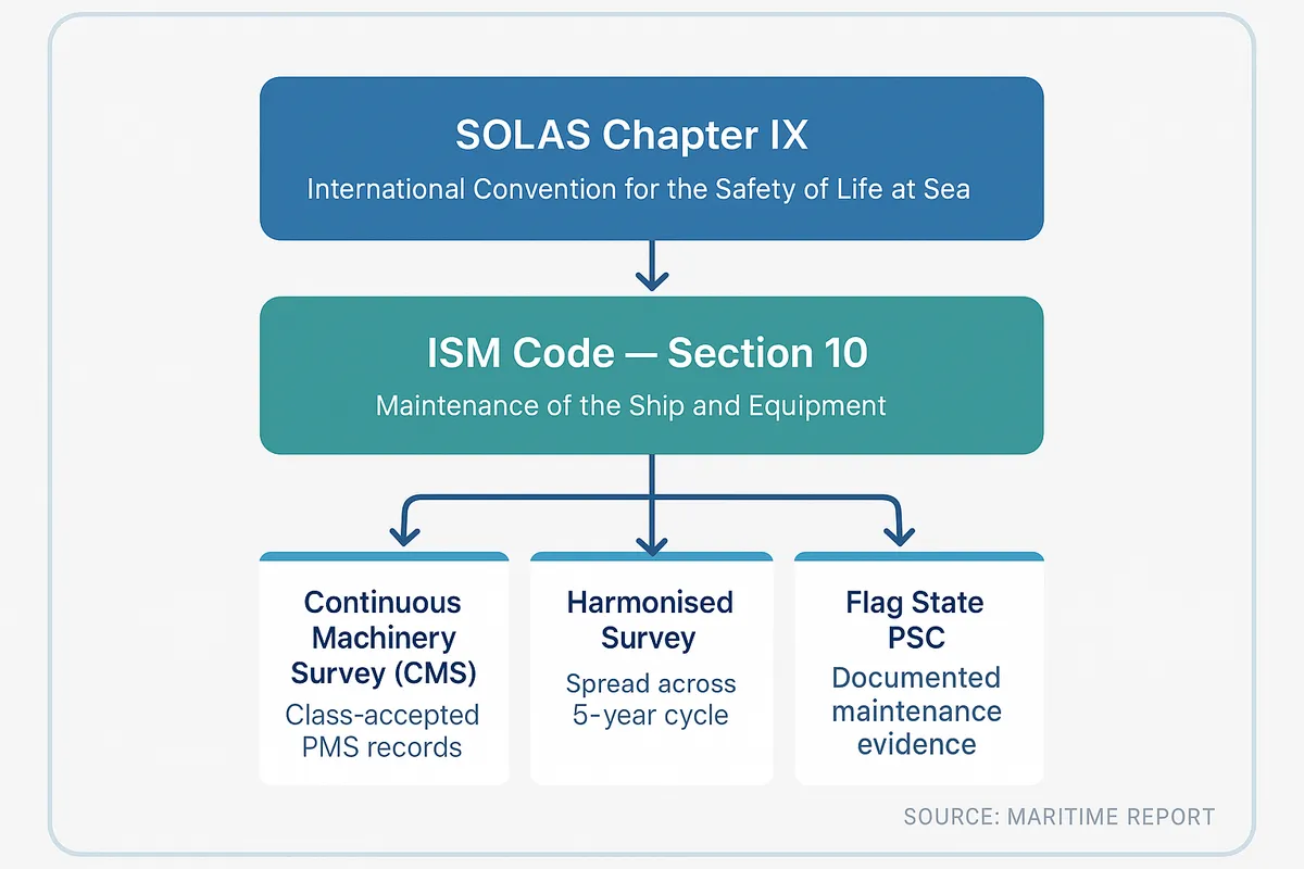 Cascade diagram showing how maritime maintenance regulations flow from SOLAS Chapter IX through ISM Code Section 10 down to Continuous Machinery Survey, Harmonised Survey, and Flag State port state control requirements.