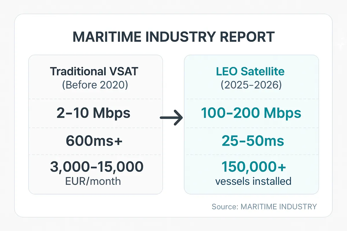 Comparison of traditional VSAT satellite connectivity versus modern LEO satellite connectivity for vessels, showing dramatic improvements in speed, latency, and cost.