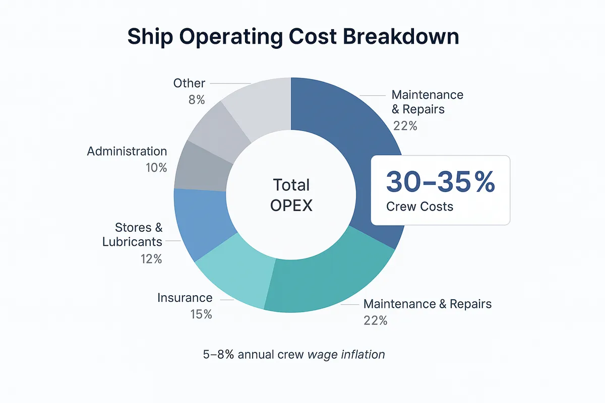 Donut chart showing crew costs represent 30 to 35 percent of total ship operating expenses, followed by maintenance and repairs at 22 percent, insurance at 15 percent, and other categories.