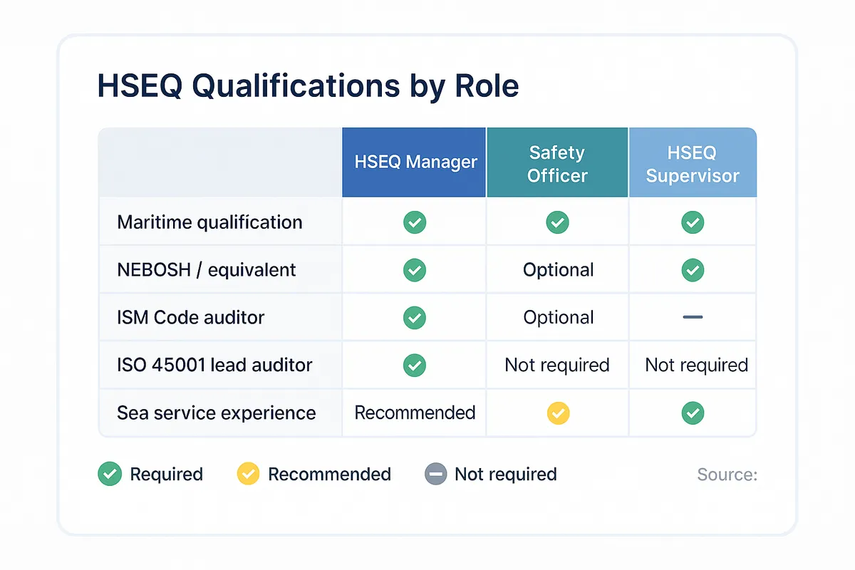 Matrix showing required qualifications across three HSEQ roles: HSEQ Manager requires NEBOSH and ISO auditor credentials, Safety Officer needs maritime and NEBOSH qualifications, and HSEQ Supervisor needs maritime qualification and sea experience.