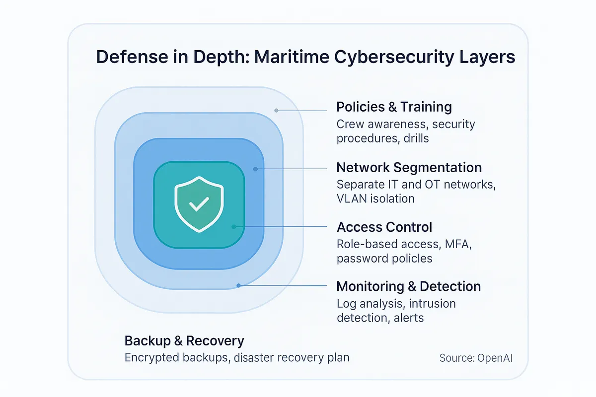 Layered defense diagram showing five maritime cybersecurity layers from outer to inner: policies and training, network segmentation, access control, monitoring and detection, and backup and recovery.