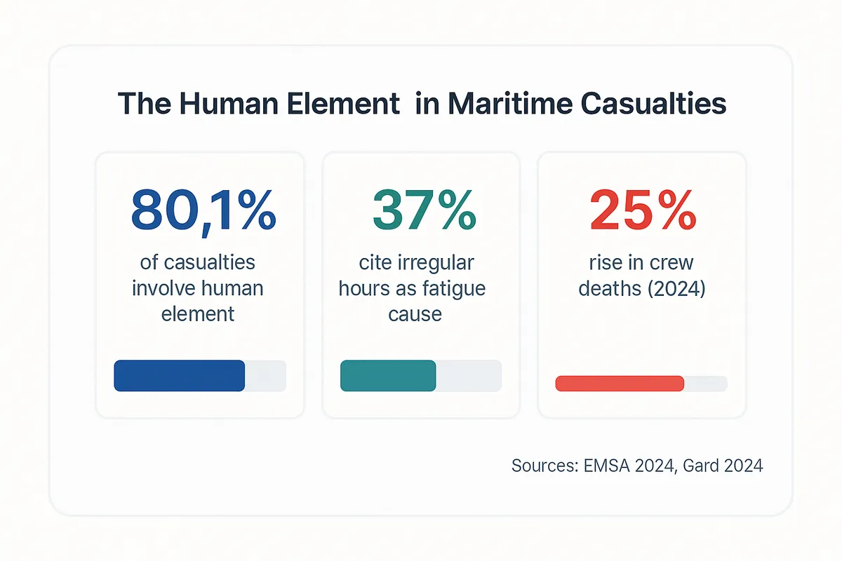 Three statistics showing the human element in maritime casualties: 80.1 percent of casualties involve human element, 37 percent of seafarers cite irregular hours as fatigue cause, and a 25 percent rise in crew deaths in 2024.