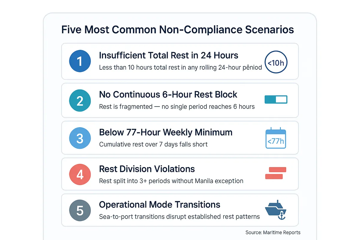 Diagram listing the five most common work and rest hours non-compliance scenarios: insufficient total rest, no continuous 6-hour block, below weekly minimum, rest division violations, and operational mode transitions.