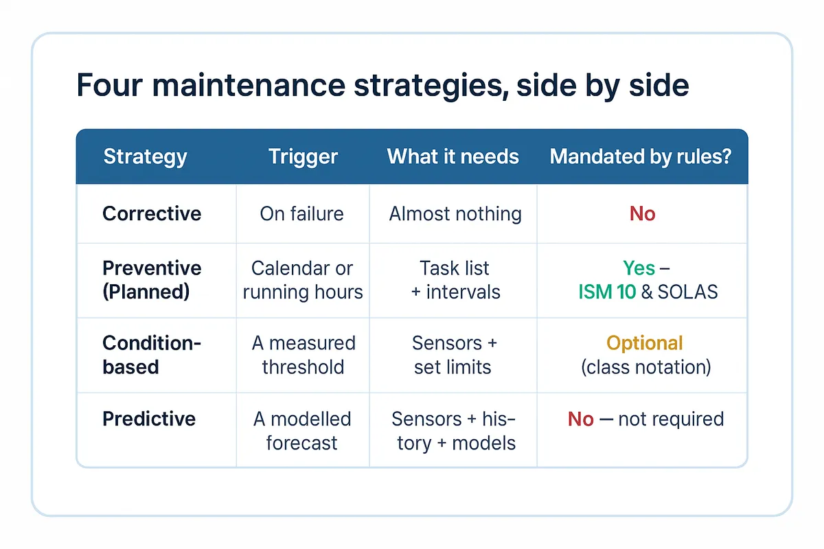 Comparison table of corrective, preventive, condition-based and predictive maintenance showing their trigger, requirements and regulatory status.