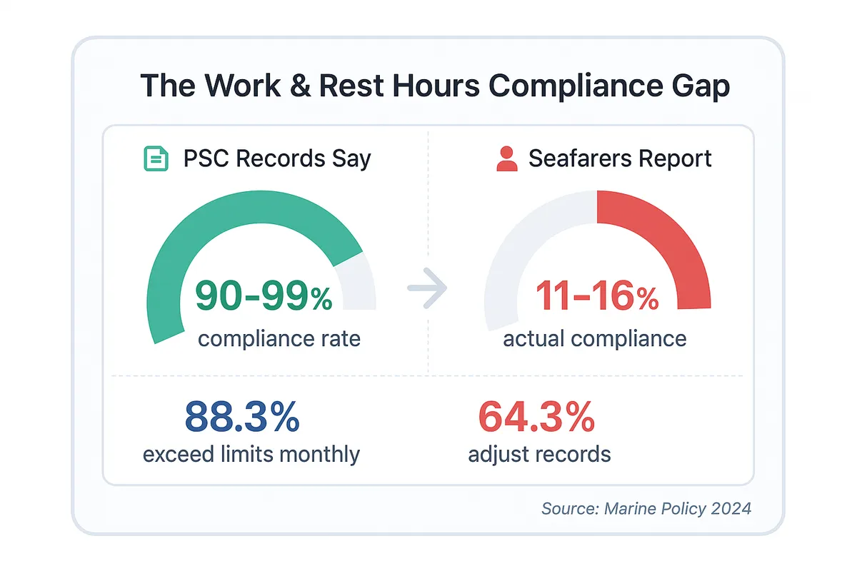 Infographic showing the compliance gap between PSC records showing 90 to 99 percent compliance versus seafarer surveys showing only 11 to 16 percent actual compliance, with 88.3 percent exceeding limits monthly and 64.3 percent adjusting records.