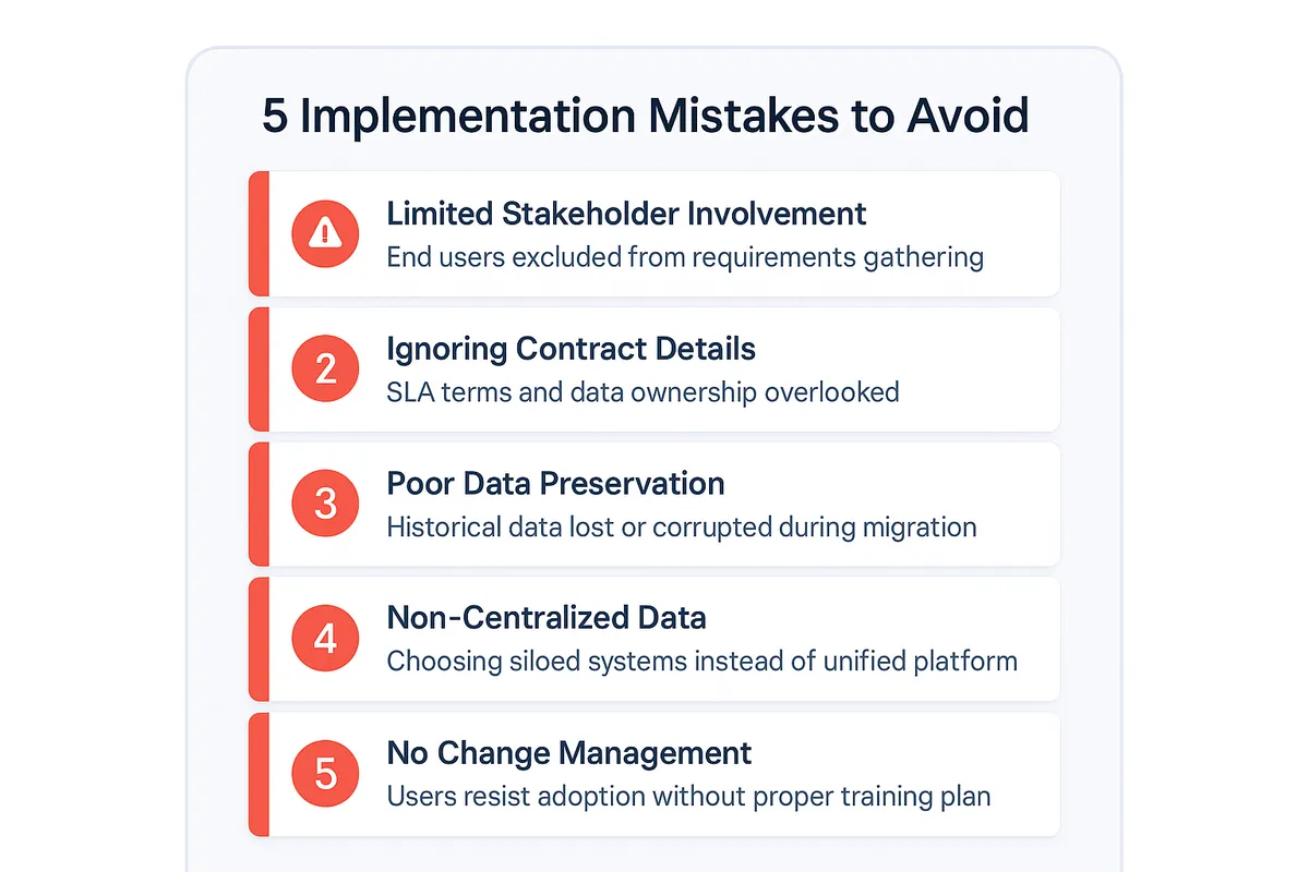 Five common ship management system implementation mistakes: limited stakeholder involvement, ignoring contract details, poor data preservation, non-centralized data strategy, and lacking change management.