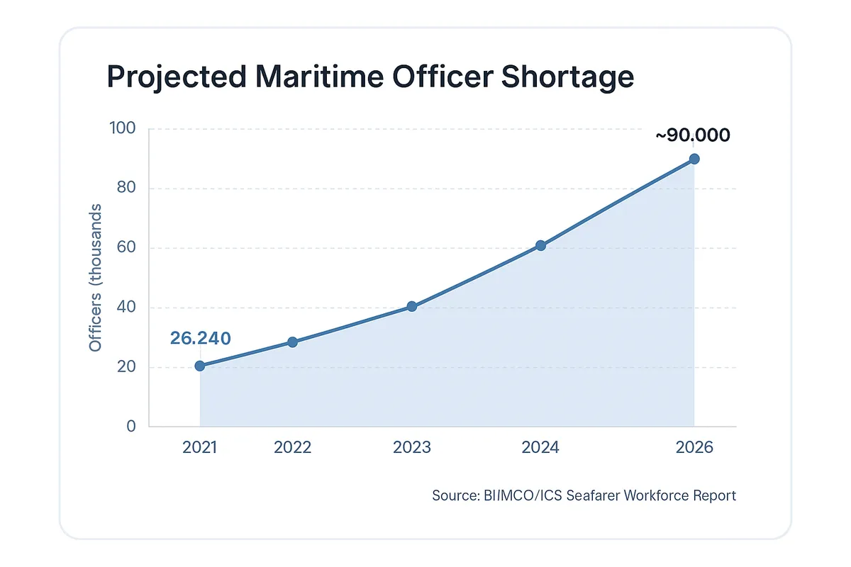 Line chart showing projected maritime officer shortage growing from 26,240 in 2021 to approximately 90,000 by 2026, according to the BIMCO/ICS Seafarer Workforce Report.