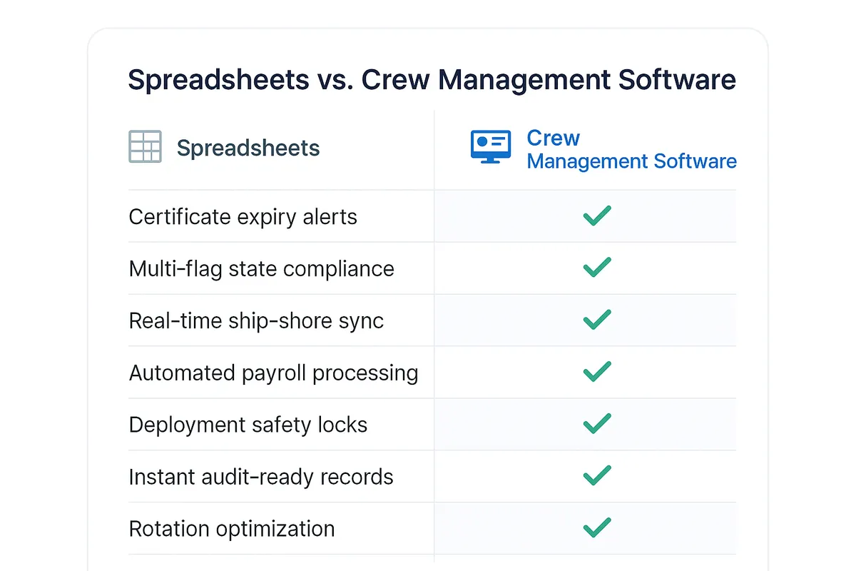 Feature comparison table showing seven capabilities where crew management software outperforms spreadsheets: certificate alerts, multi-flag compliance, real-time sync, automated payroll, deployment locks, audit readiness, and rotation optimization.