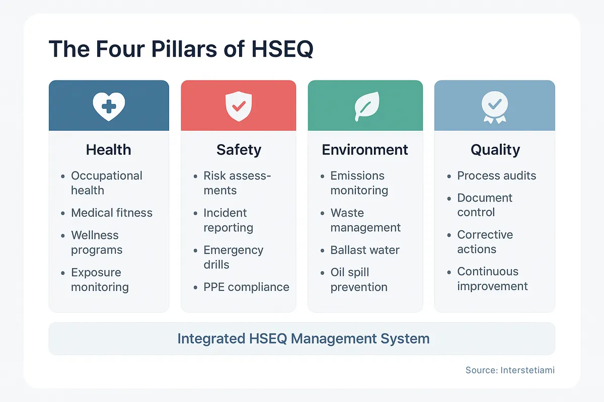 Four-pillar diagram showing the components of HSEQ: Health covering occupational health and wellness, Safety covering risk assessments and incident reporting, Environment covering emissions and waste, and Quality covering audits and continuous improvement.