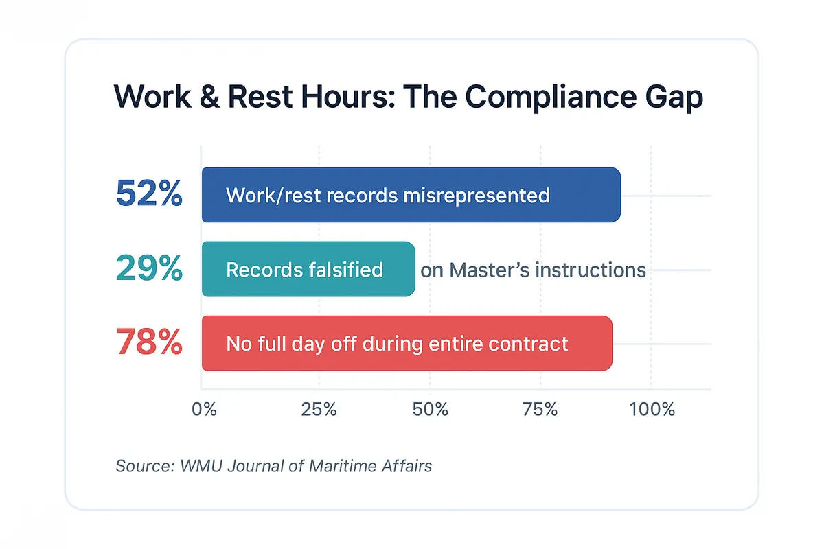 Horizontal bar chart showing work and rest hours compliance gaps: 52 percent of records misrepresented, 29 percent falsified on master's instructions, and 78 percent of seafarers had no full day off during contracts.
