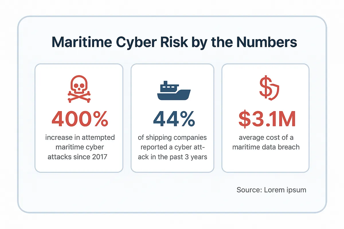 Three cyber risk statistics: 400 percent increase in maritime cyber attacks since 2017, 44 percent of shipping companies experienced an attack in the past three years, and 3.1 million dollar average cost of a maritime data breach.