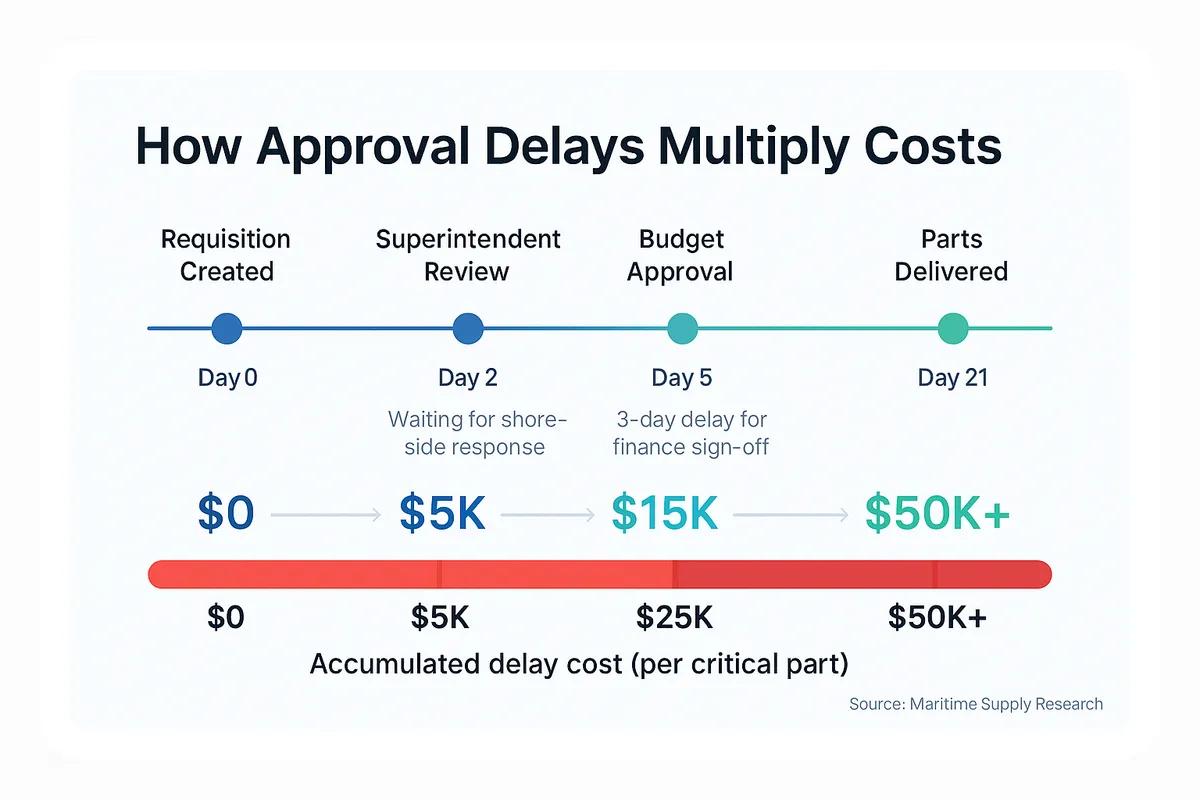Timeline showing procurement approval delays from requisition to delivery over 21 days, with a cost accumulation bar showing how delays multiply from zero to over 50,000 dollars for critical parts.