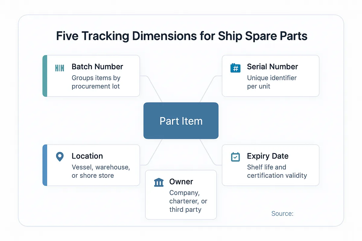 Diagram showing five tracking dimensions for maritime spare parts: batch number, serial number, location, owner, and expiry date, all connected to a central part item.