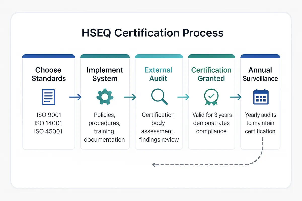 Five-step process flow showing the HSEQ certification journey: choose standards, implement system, external audit, certification granted, and annual surveillance with a continuous improvement loop.