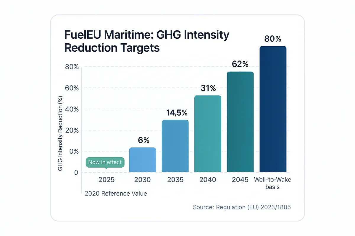 Bar chart of FuelEU Maritime GHG intensity reduction targets: 2% in 2025, 6% by 2030, 14.5% by 2035, 31% by 2040, 62% by 2045, and 80% by 2050, measured on a well-to-wake basis.