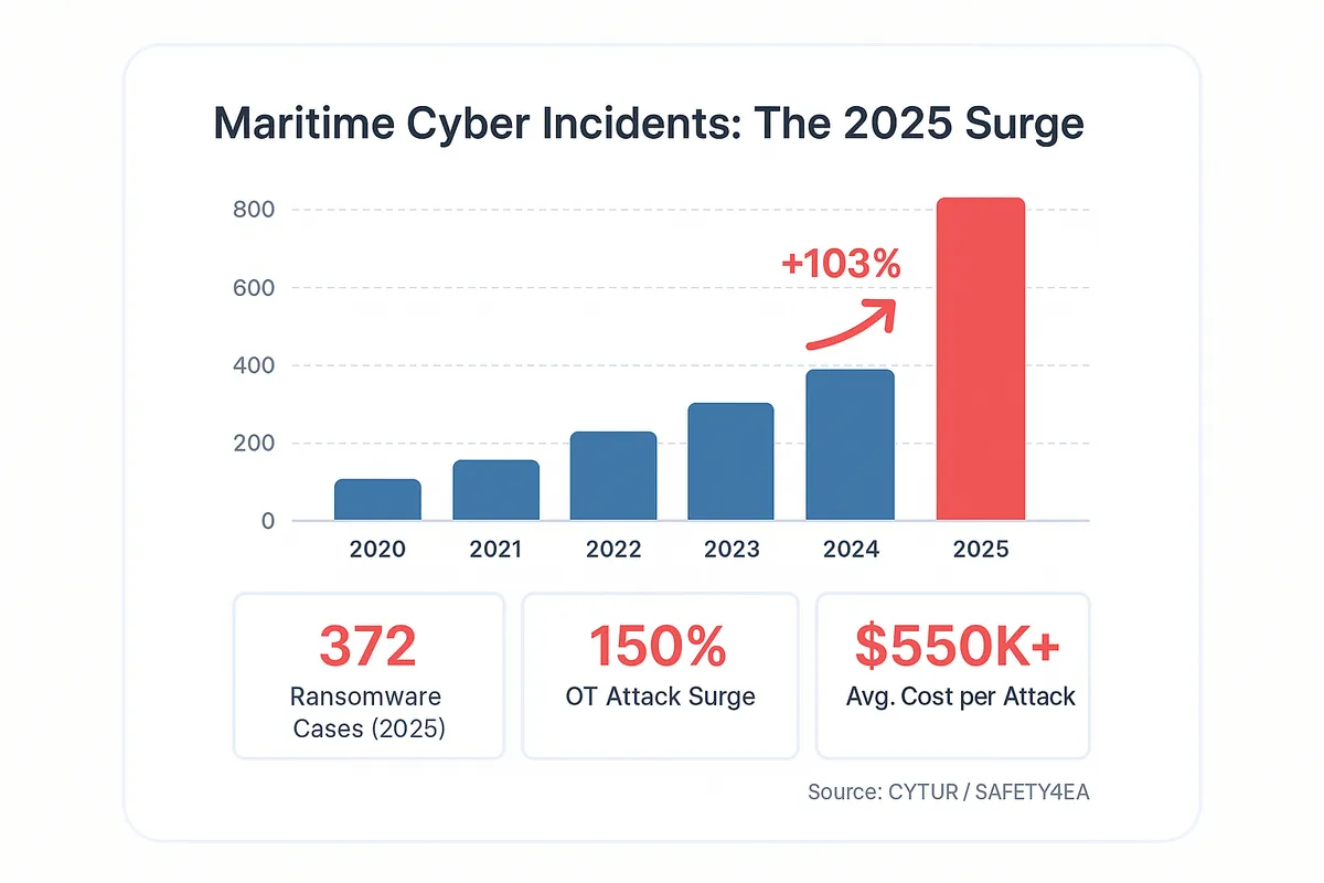 Bar chart showing maritime cyber incidents rising from approximately 50 in 2020 to 828 in 2025, a 103 percent increase from 2024. Three callout statistics below show 372 ransomware cases, 150 percent OT attack surge, and over 550 thousand dollar average cost per attack.