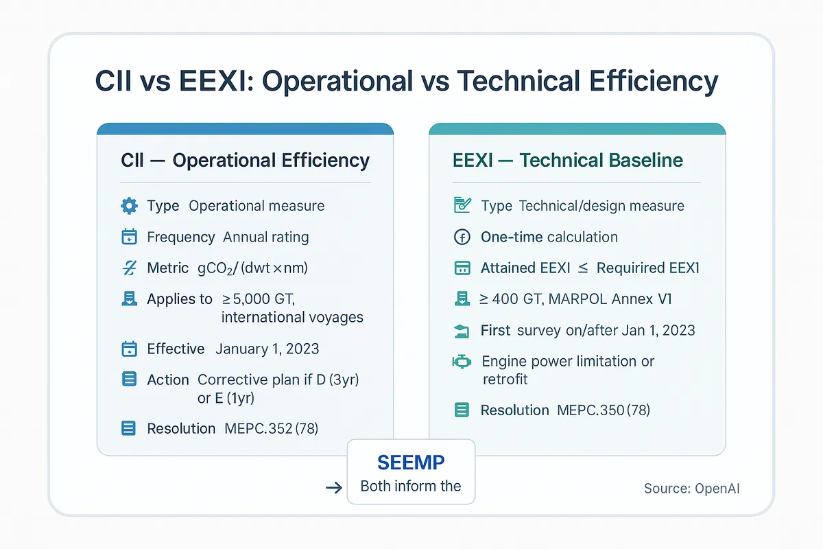 Side-by-side comparison of CII (operational, annual rating, grams CO2 per capacity-mile) and EEXI (technical, one-time baseline calculation), both feeding into the SEEMP.
