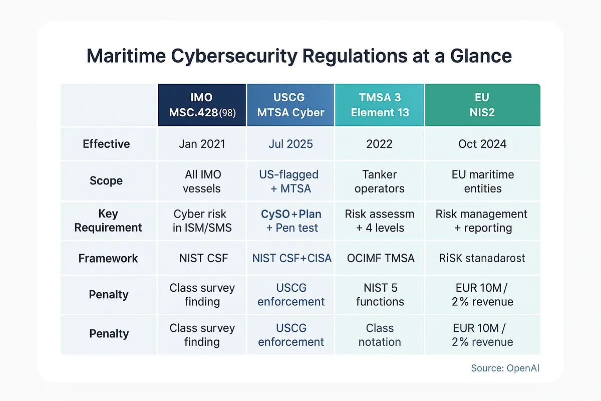 Comparison table of five maritime cybersecurity regulations showing IMO MSC 428, USCG MTSA Cyber, TMSA 3 Element 13, IACS UR E26 and E27, and EU NIS2 with their effective dates, scope, key requirements, frameworks, and penalties.