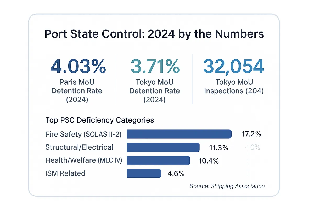 Port state control statistics for 2024 showing Paris MoU detention rate of 4.03%, Tokyo MoU rate of 3.71% across 32,054 inspections, with fire safety as the top deficiency category at 17.2%.