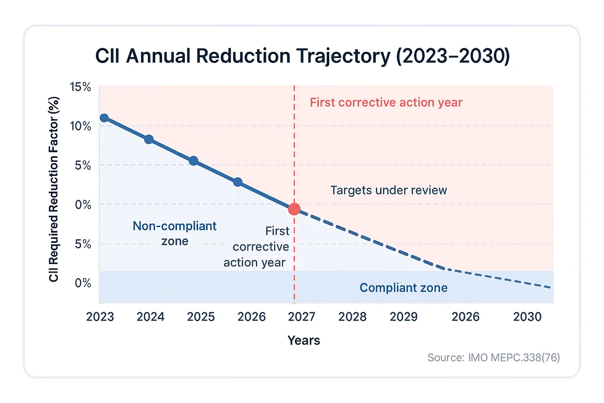 Line chart showing CII required reduction factor increasing from baseline in 2023 to approximately 3% by 2026 when corrective action enforcement begins, with further targets under review through 2030.