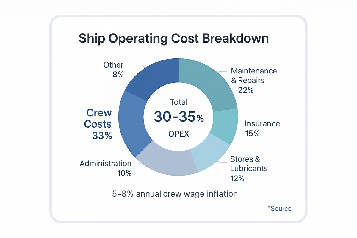 Donut chart showing crew costs represent 30 to 35 percent of total ship operating expenses, followed by maintenance and repairs at 22 percent, insurance at 15 percent, and other categories.