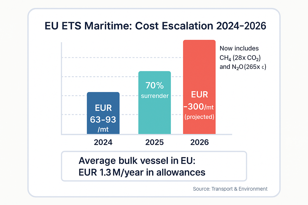 Bar chart showing EU ETS maritime compliance cost escalation from EUR 63-93 per metric ton in 2024 to a projected EUR 300 per metric ton in 2026, with an average annual cost of EUR 1.3 million per bulk vessel.