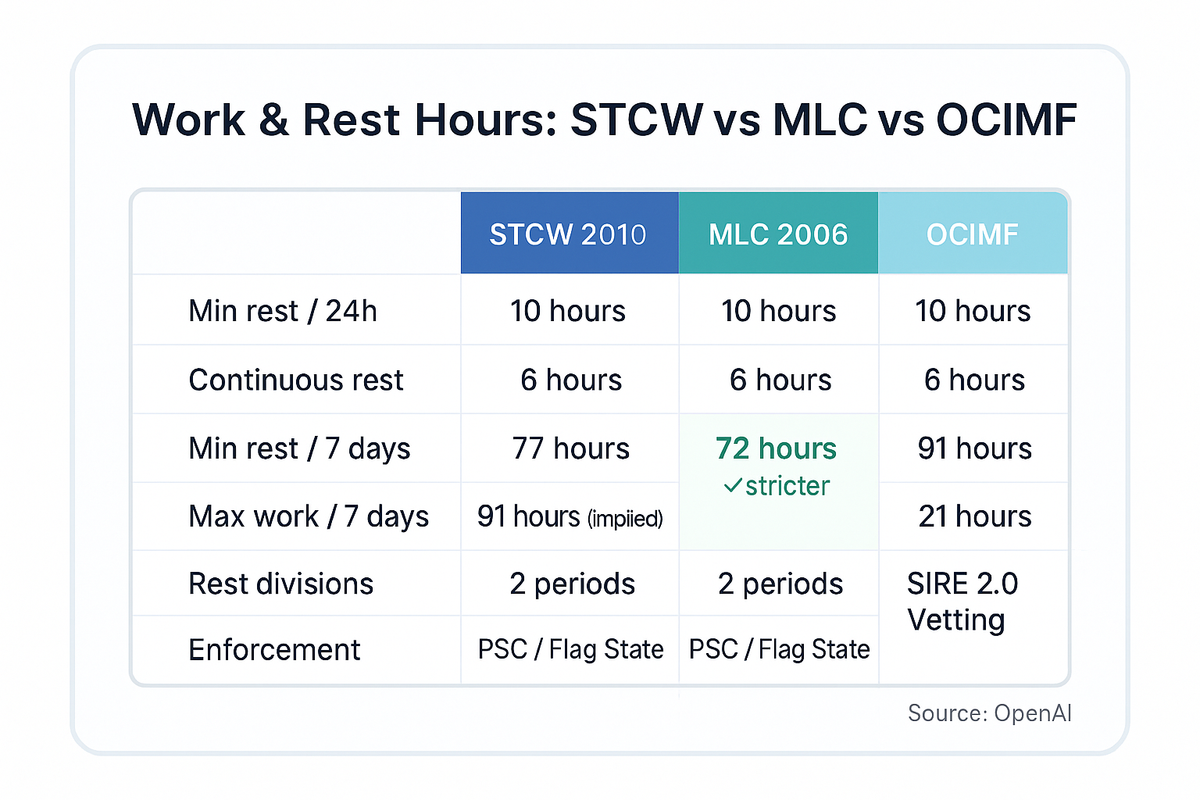 Comparison table of STCW 2010, MLC 2006, and OCIMF work and rest hour requirements showing that MLC 2006 has the strictest weekly work limit at 72 hours versus 91 hours implied under STCW.