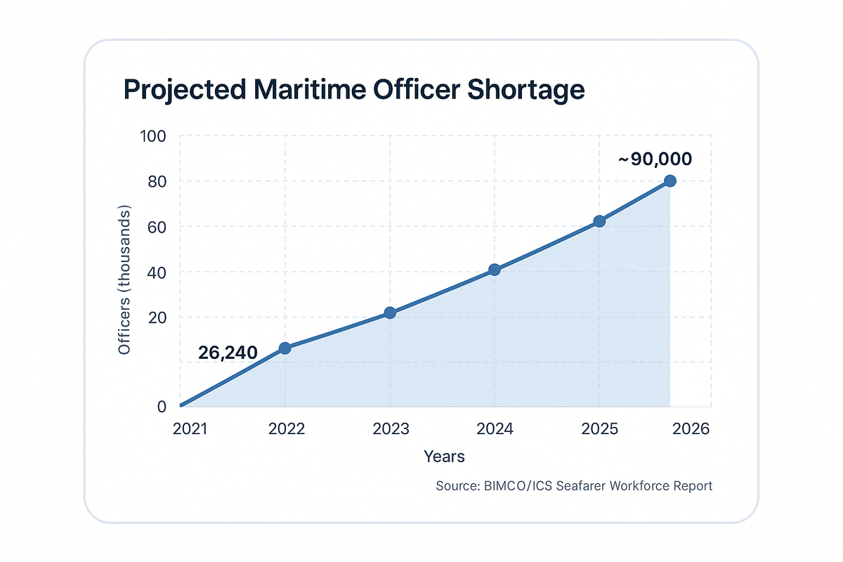 Line chart showing projected maritime officer shortage growing from 26,240 in 2021 to approximately 90,000 by 2026, according to the BIMCO/ICS Seafarer Workforce Report.