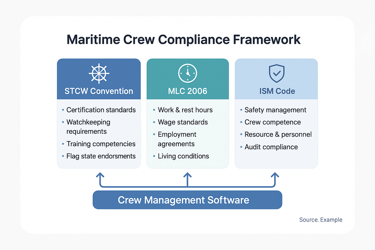 Three-column diagram comparing STCW Convention, MLC 2006, and ISM Code regulatory frameworks, showing how crew management software integrates compliance across all three.