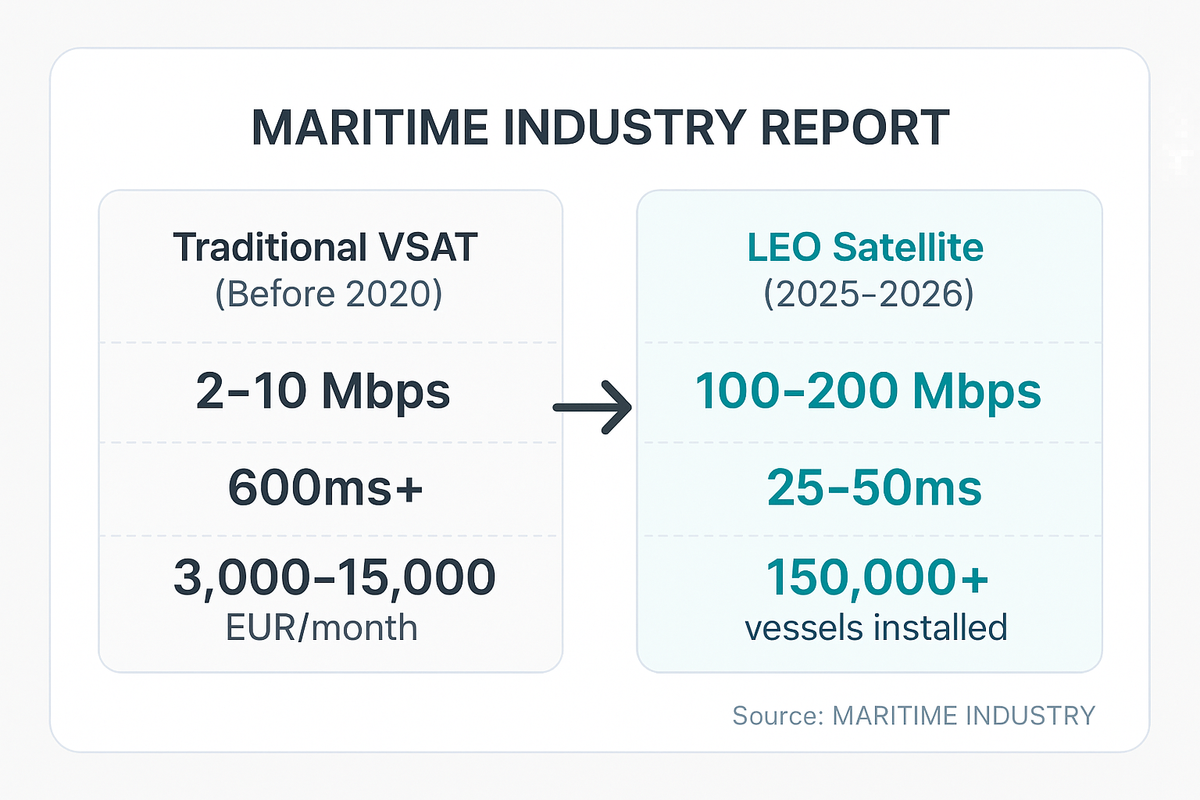 Comparison of traditional VSAT satellite connectivity versus modern LEO satellite connectivity for vessels, showing dramatic improvements in speed, latency, and cost.