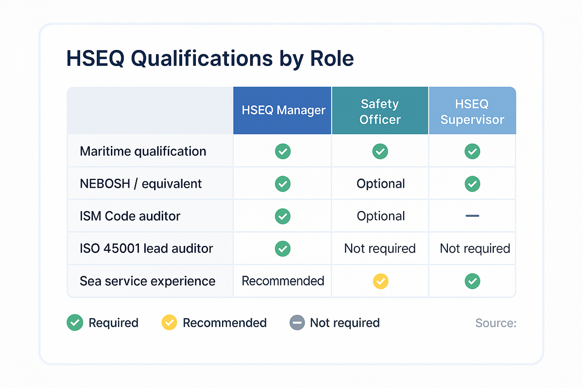 Matrix showing required qualifications across three HSEQ roles: HSEQ Manager requires NEBOSH and ISO auditor credentials, Safety Officer needs maritime and NEBOSH qualifications, and HSEQ Supervisor needs maritime qualification and sea experience.