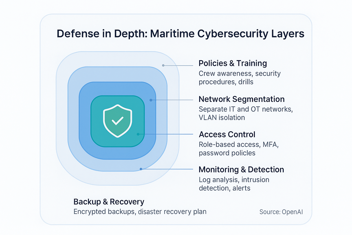 Layered defense diagram showing five maritime cybersecurity layers from outer to inner: policies and training, network segmentation, access control, monitoring and detection, and backup and recovery.