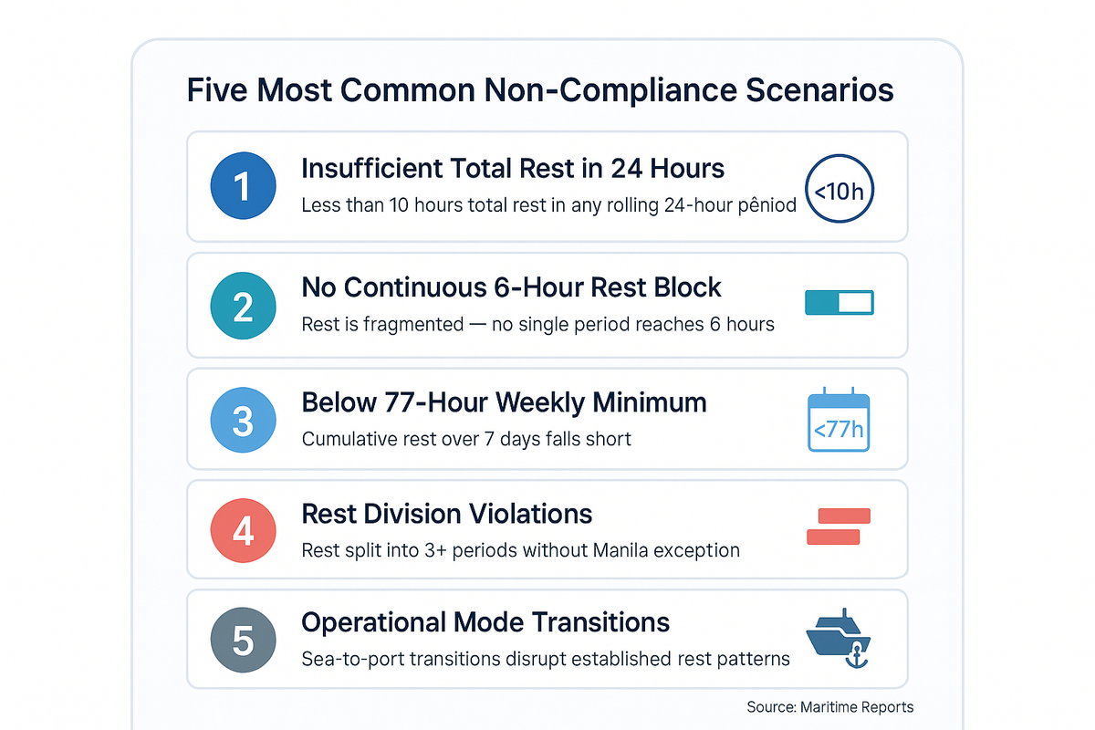 Diagram listing the five most common work and rest hours non-compliance scenarios: insufficient total rest, no continuous 6-hour block, below weekly minimum, rest division violations, and operational mode transitions.