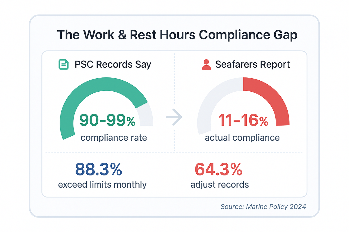 Infographic showing the compliance gap between PSC records showing 90 to 99 percent compliance versus seafarer surveys showing only 11 to 16 percent actual compliance, with 88.3 percent exceeding limits monthly and 64.3 percent adjusting records.