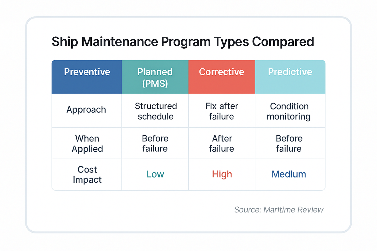 Four-column comparison of ship maintenance programs: preventive and planned maintenance applied before failure at low cost, corrective maintenance after failure at high cost, and predictive maintenance using condition monitoring at medium cost.