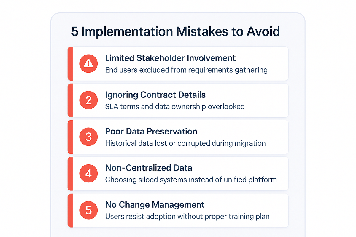 Five common ship management system implementation mistakes: limited stakeholder involvement, ignoring contract details, poor data preservation, non-centralized data strategy, and lacking change management.