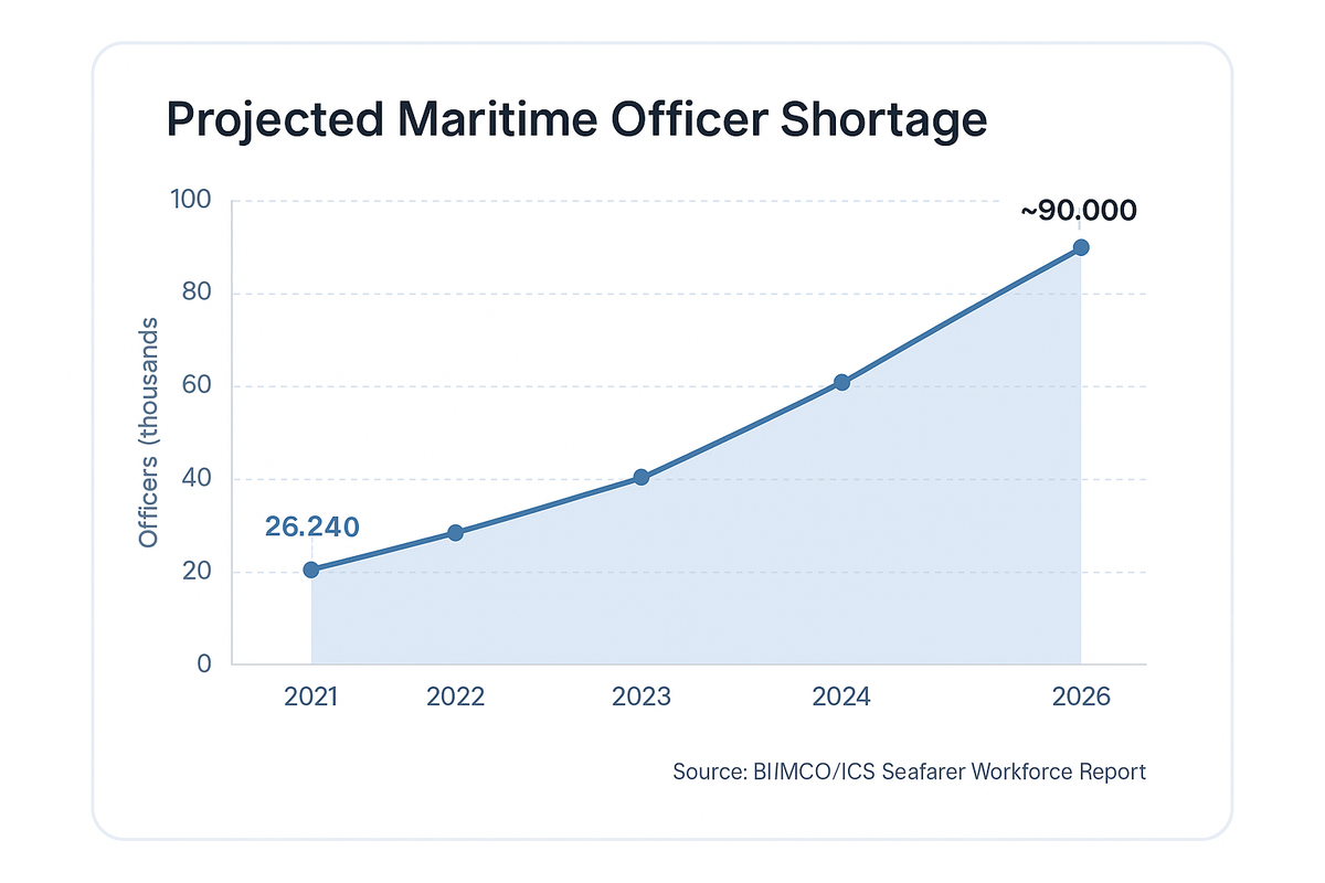 Line chart showing projected maritime officer shortage growing from 26,240 in 2021 to approximately 90,000 by 2026, according to the BIMCO/ICS Seafarer Workforce Report.