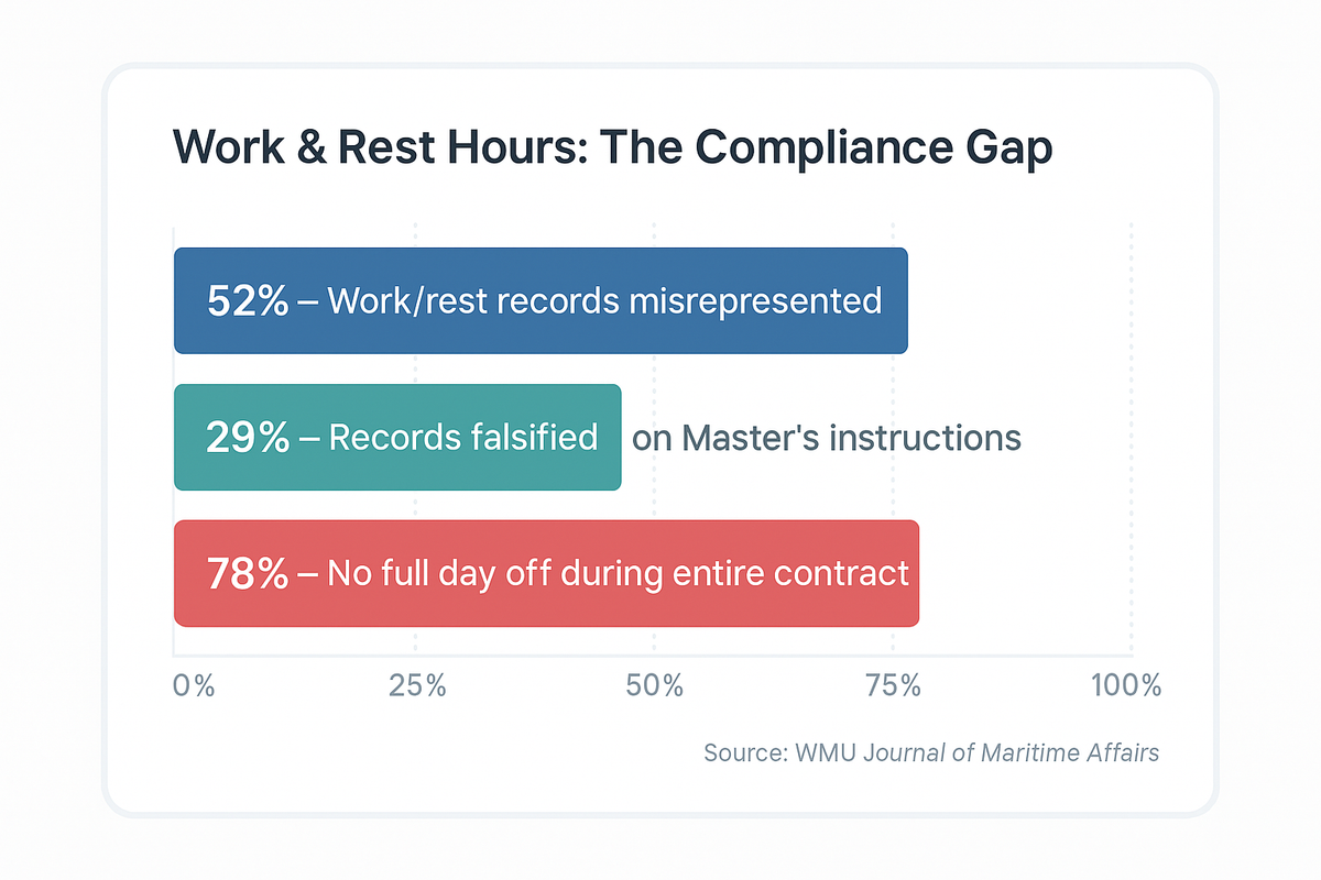 Horizontal bar chart showing work and rest hours compliance gaps: 52 percent of records misrepresented, 29 percent falsified on master's instructions, and 78 percent of seafarers had no full day off during contracts.